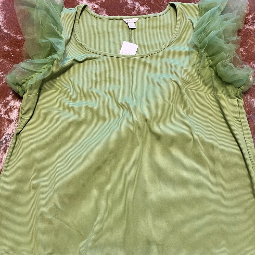 Cato Green Ruffled Puff Sleeve Tank Top